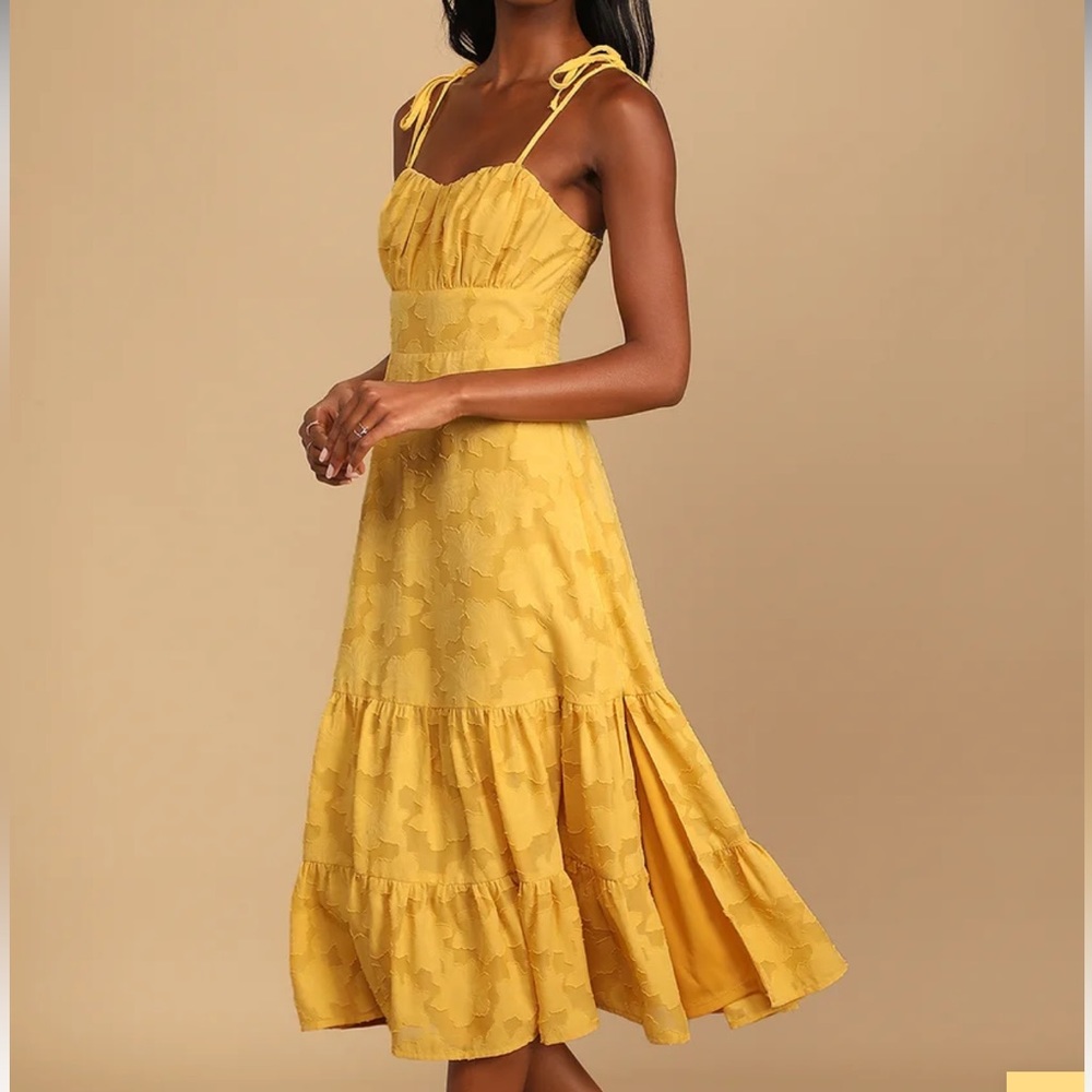 Mustard Yellow Jacquard Tiered Midi Dress